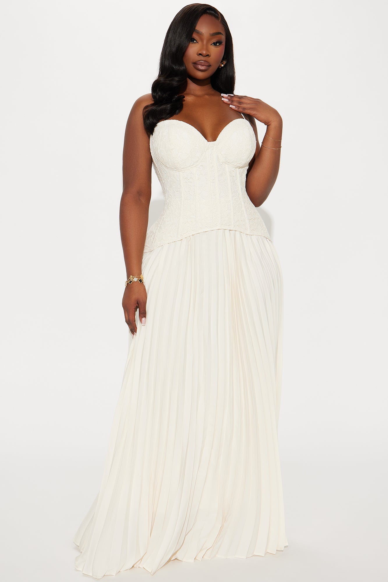 Daniella Lace Corset Pleated Maxi Dress - Cream