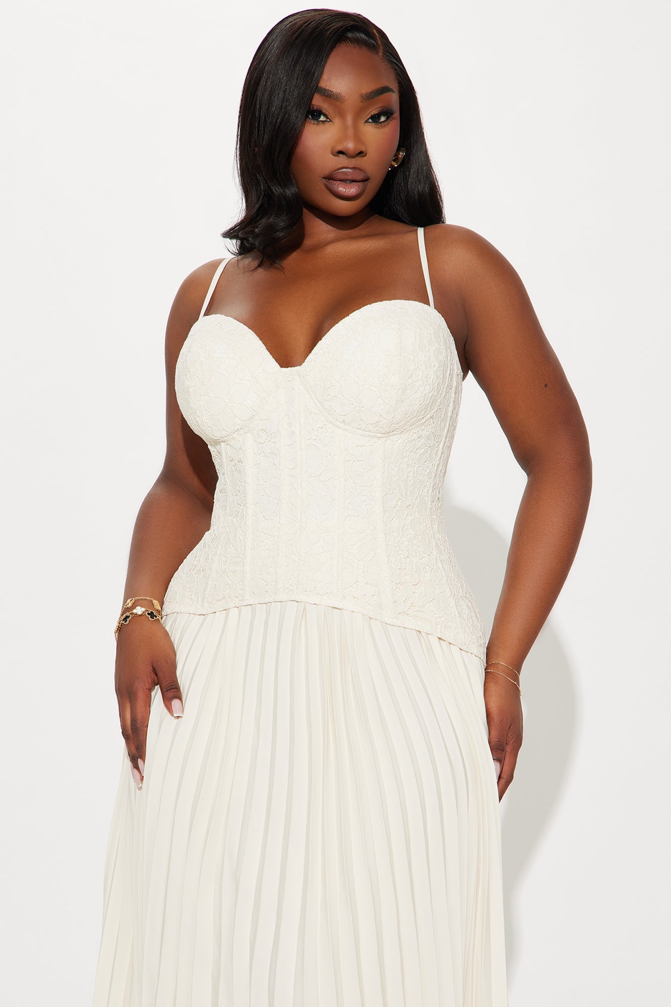 Daniella Lace Corset Pleated Maxi Dress - Cream