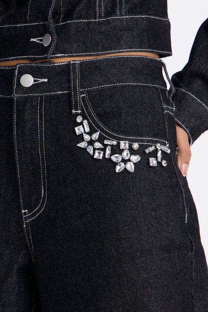 Margaux Fancy Embellished Wide Leg Jeans - Black