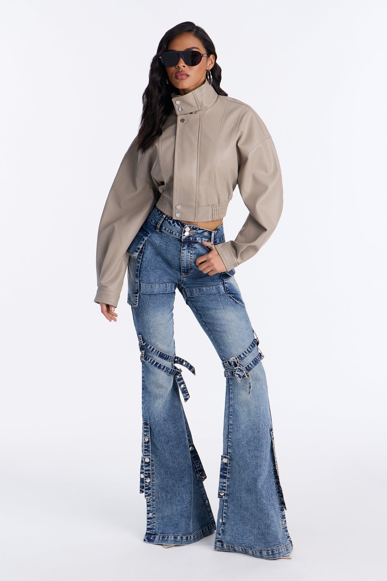 Down The Street Strappy Cargo Flare Jeans - Medium Wash