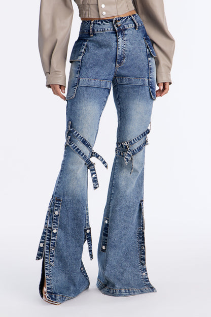 Down The Street Strappy Cargo Flare Jeans - Medium Wash