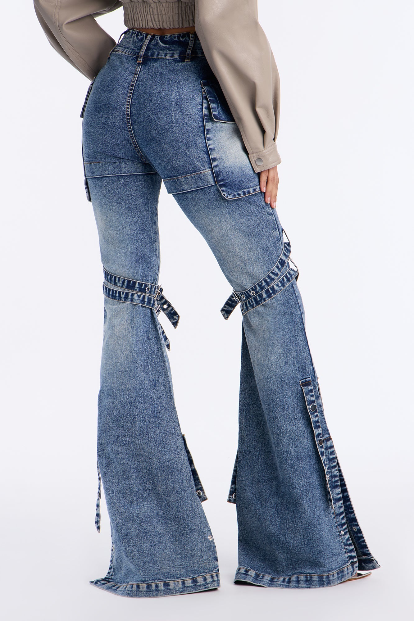 Down The Street Strappy Cargo Flare Jeans - Medium Wash