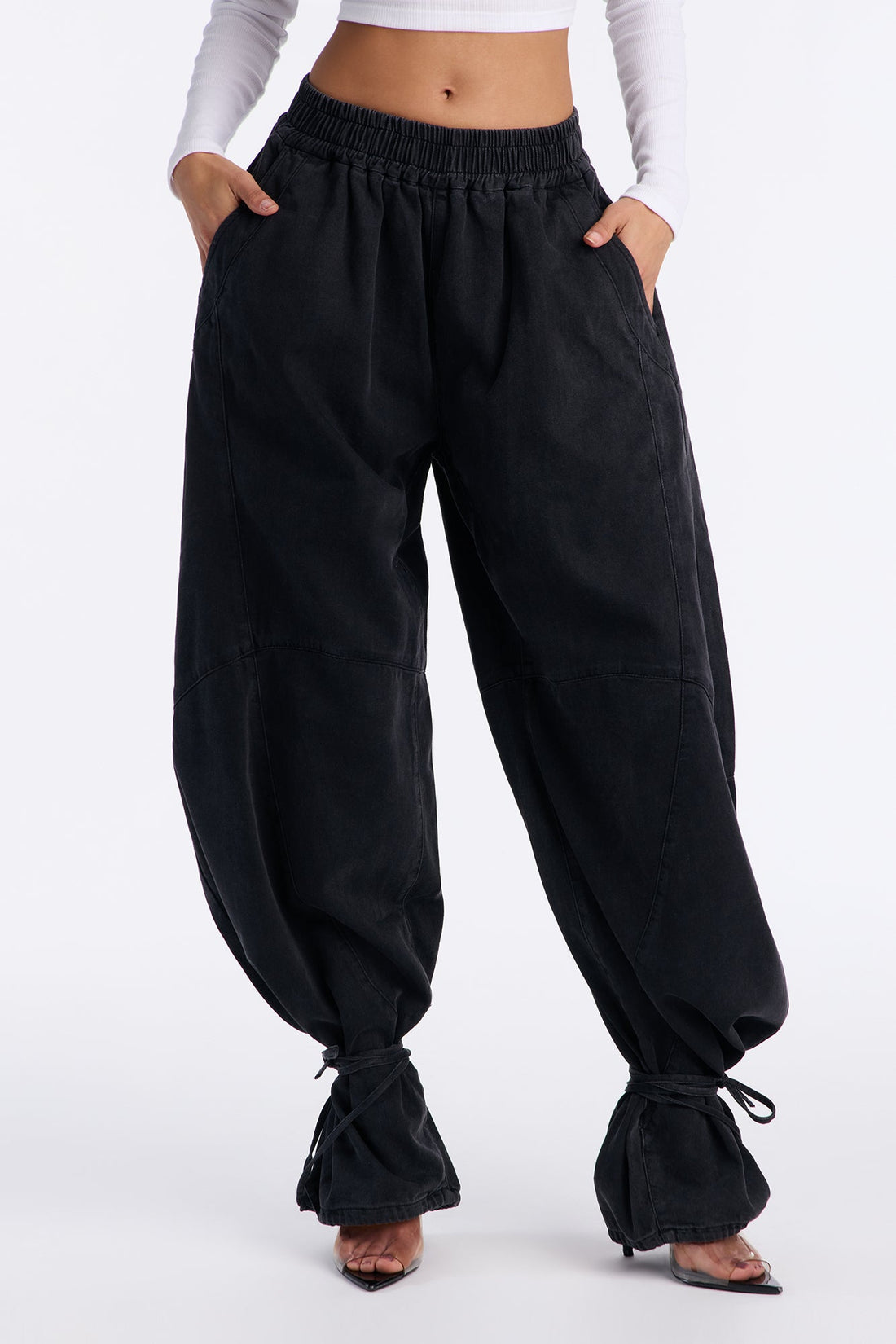 Premium Drapey Pull On Ankle Tie Balloon Jeans - Black Wash