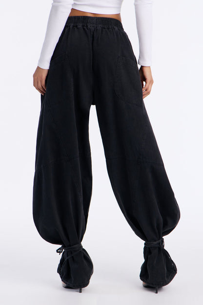 Premium Drapey Pull On Ankle Tie Balloon Jeans - Black Wash