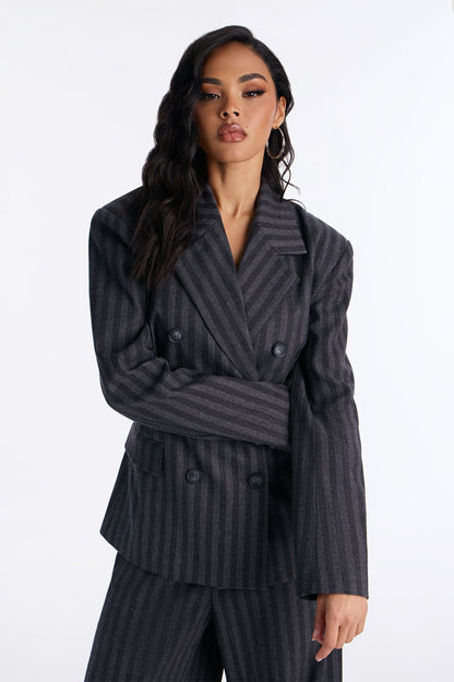 Wall Street Striped Double Breasted Blazer - Charcoal