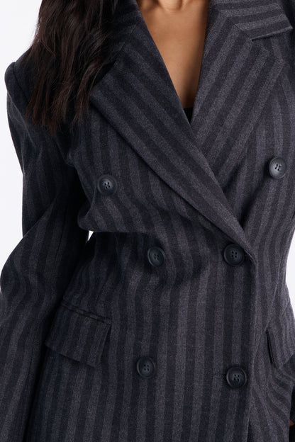 Wall Street Striped Double Breasted Blazer - Charcoal
