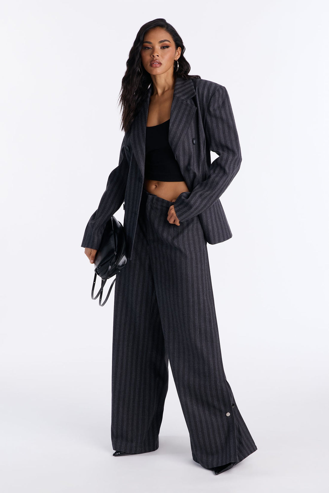 Wall Street Striped Wide Leg Trousers - Charcoal