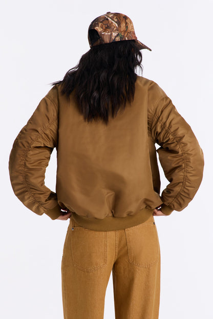 Bet On It Nylon Oversized Bomber Jacket - Olive