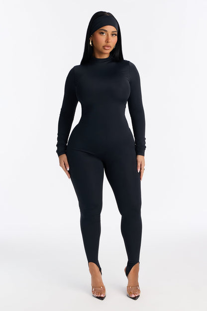 Amaya Mock Neck Stirrup 2 Piece Catsuit - Black