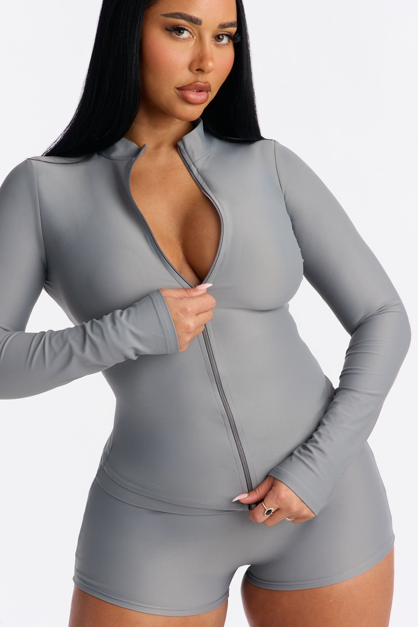 Isabelle Two-Way Zip Fold Over Short Set - Silver