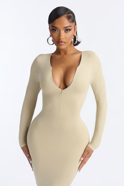 Second Skin Double Lined Zip Front Long Sleeve Mini Dress - Stone
