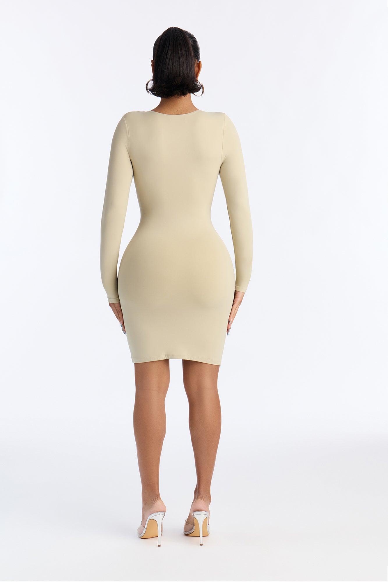 Second Skin Double Lined Zip Front Long Sleeve Mini Dress - Stone