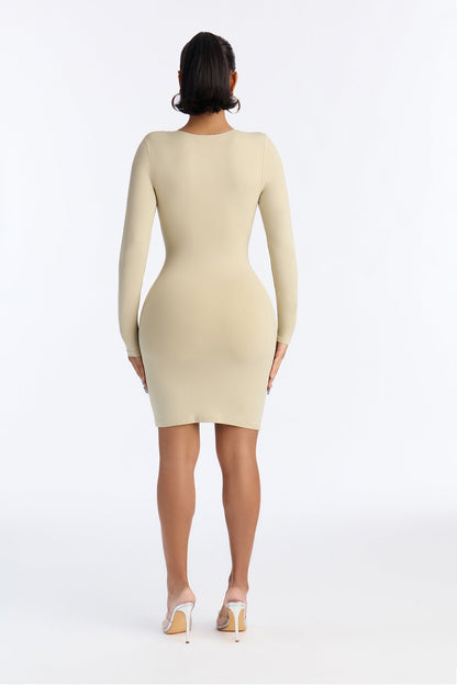 Second Skin Double Lined Zip Front Long Sleeve Mini Dress - Stone