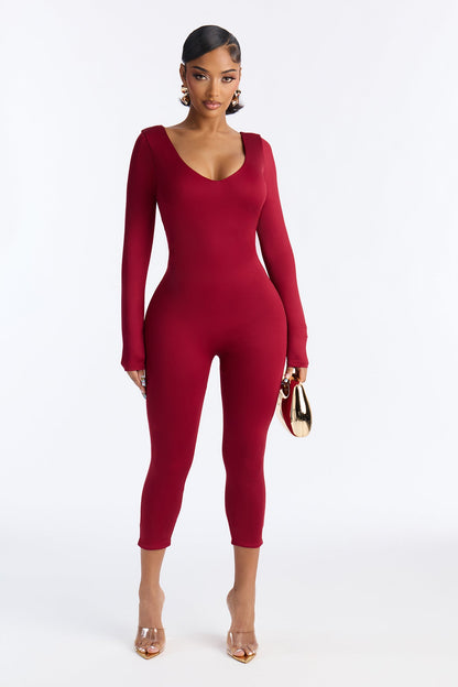 Contour Double Lined Low Back Skinny Leg Jumpsuit - DarkRed