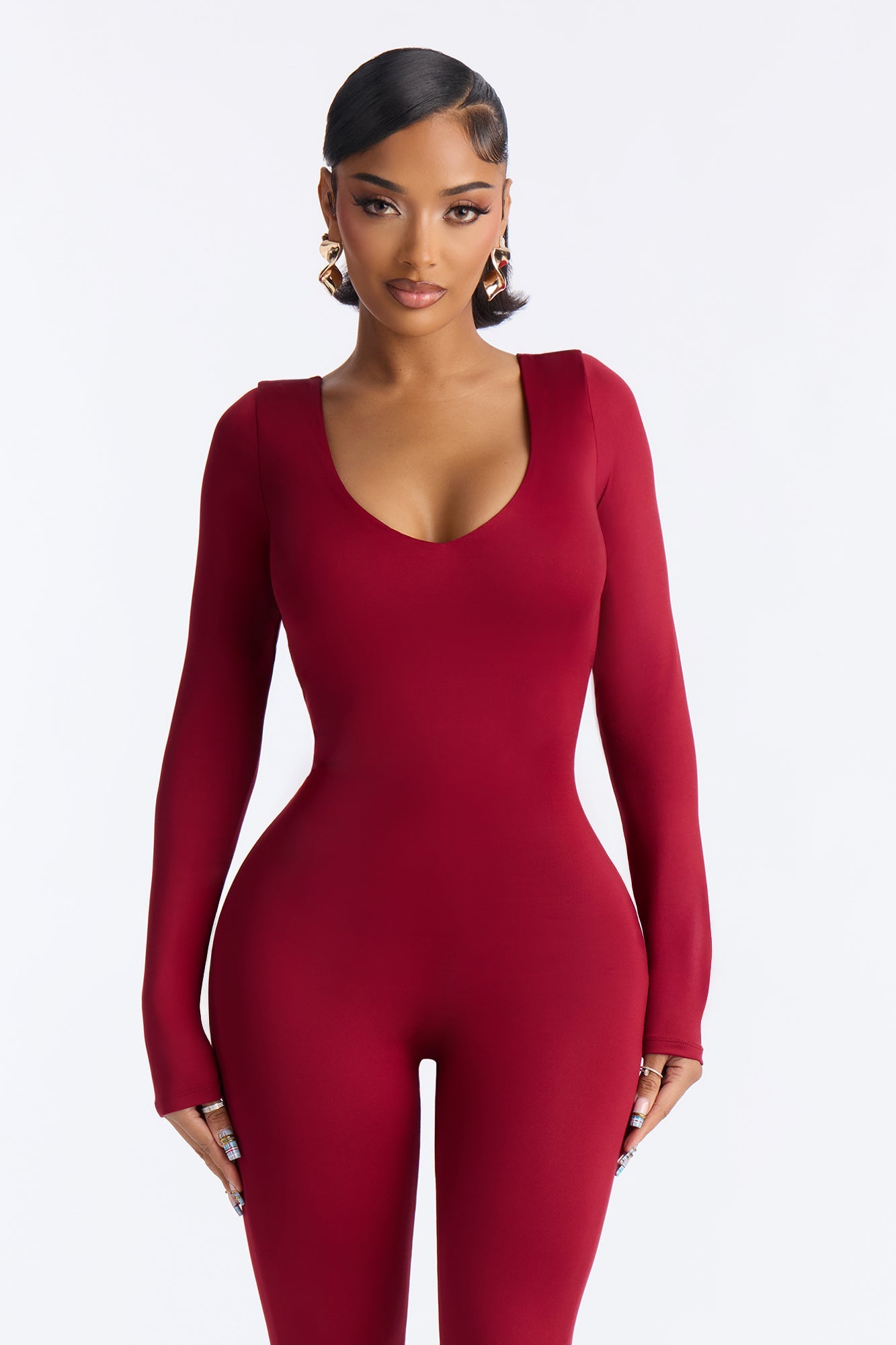 Contour Double Lined Low Back Skinny Leg Jumpsuit - DarkRed