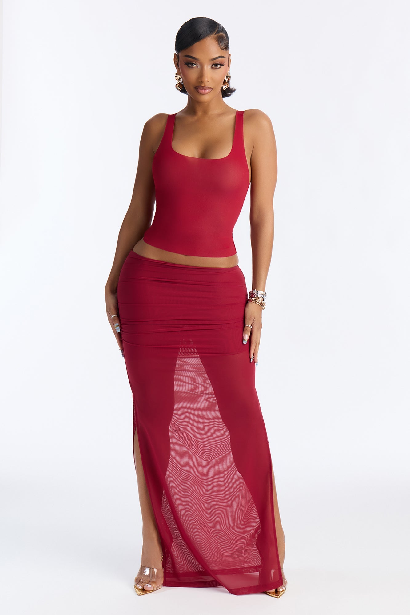 Power Mesh Ruched Maxi Skirt - DarkRed