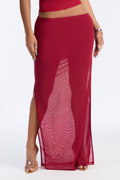 Power Mesh Ruched Maxi Skirt - DarkRed