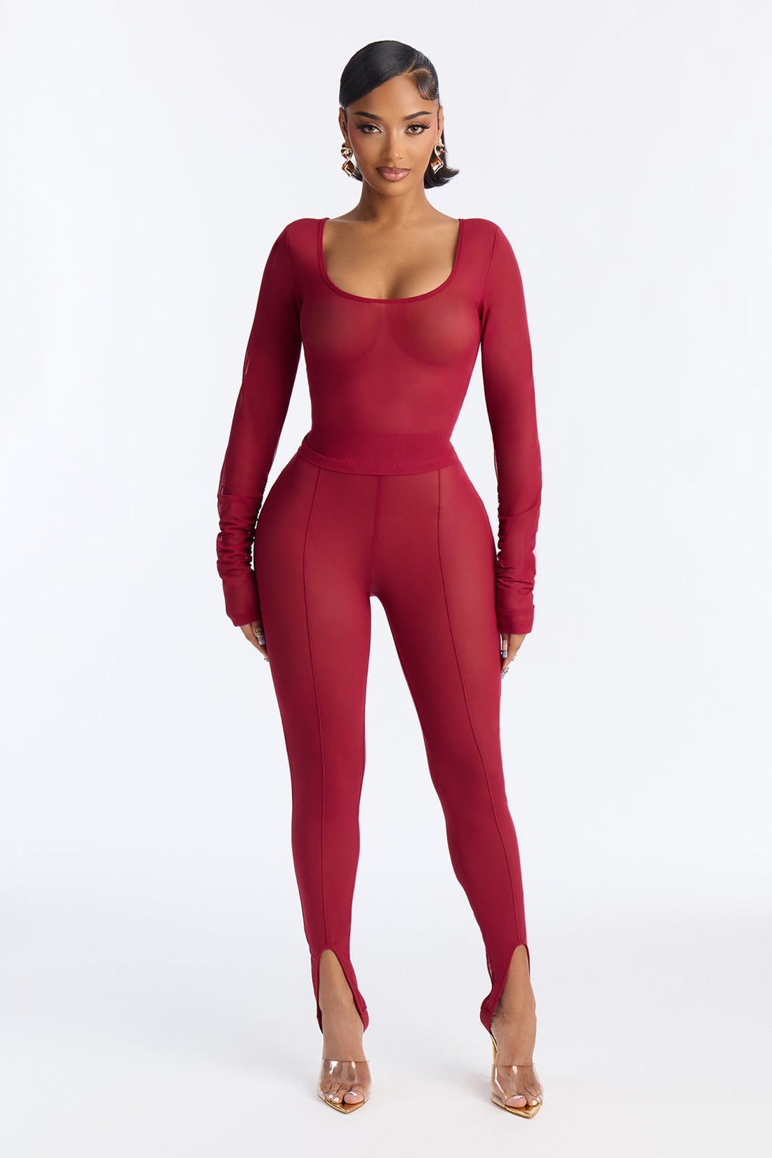 Power Mesh Scoop Long Sleeve Top And Skinny Pant Set - DarkRed