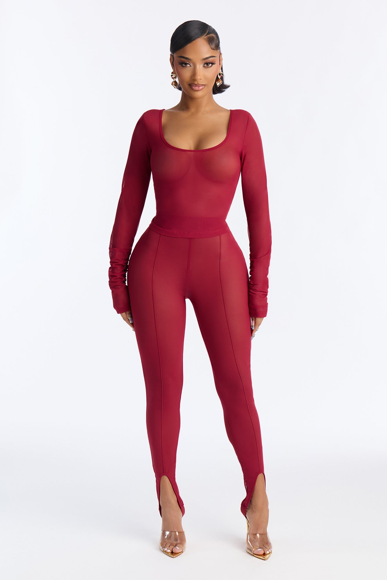 Power Mesh Scoop Long Sleeve Top And Skinny Pant Set - DarkRed