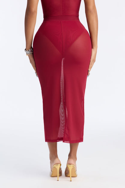 Power Mesh Midi Pencil Skirt - DarkRed