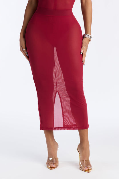 Power Mesh Midi Pencil Skirt - DarkRed