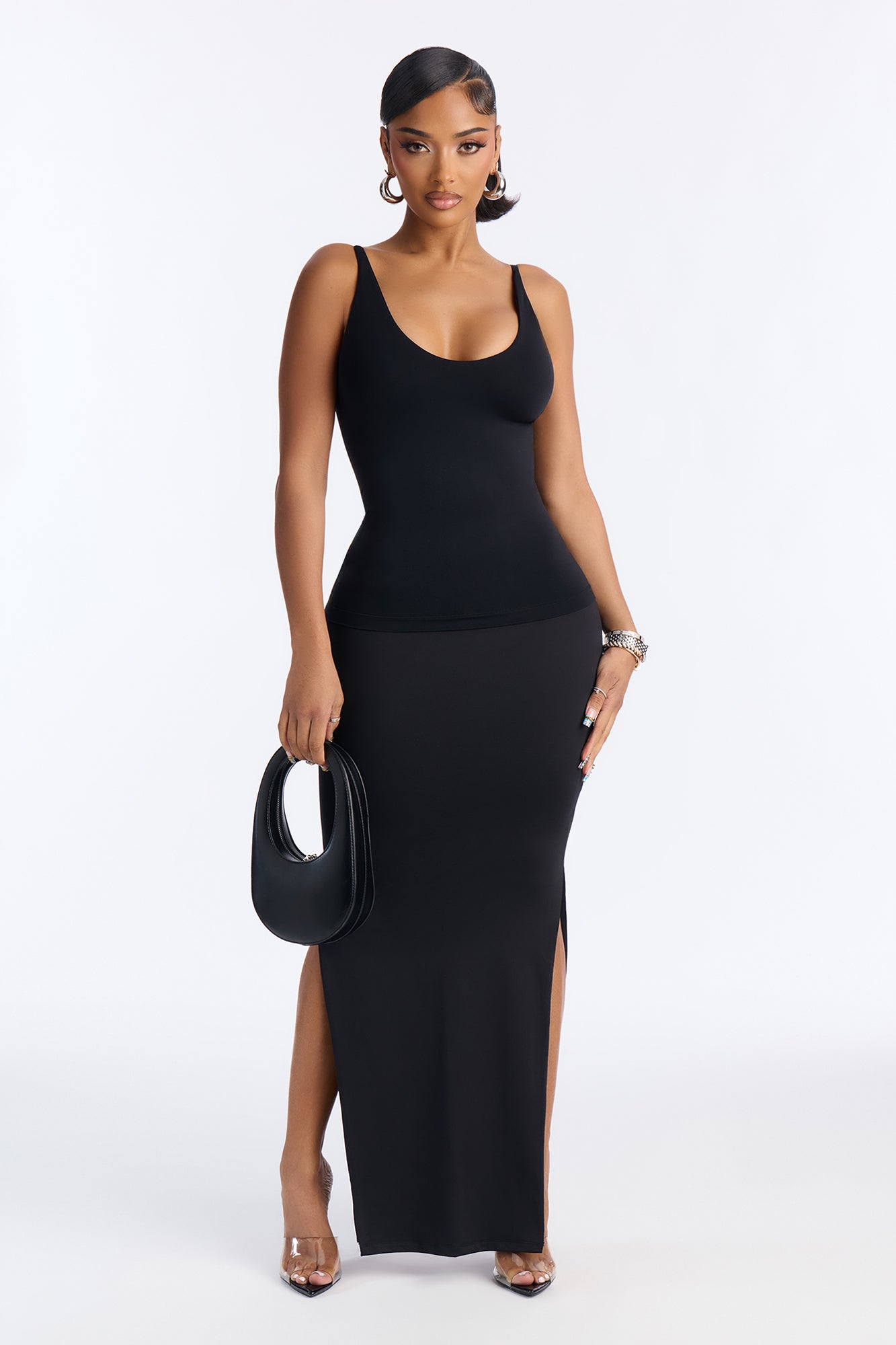 Contour Double Lined Side Slit Maxi Skirt - Black