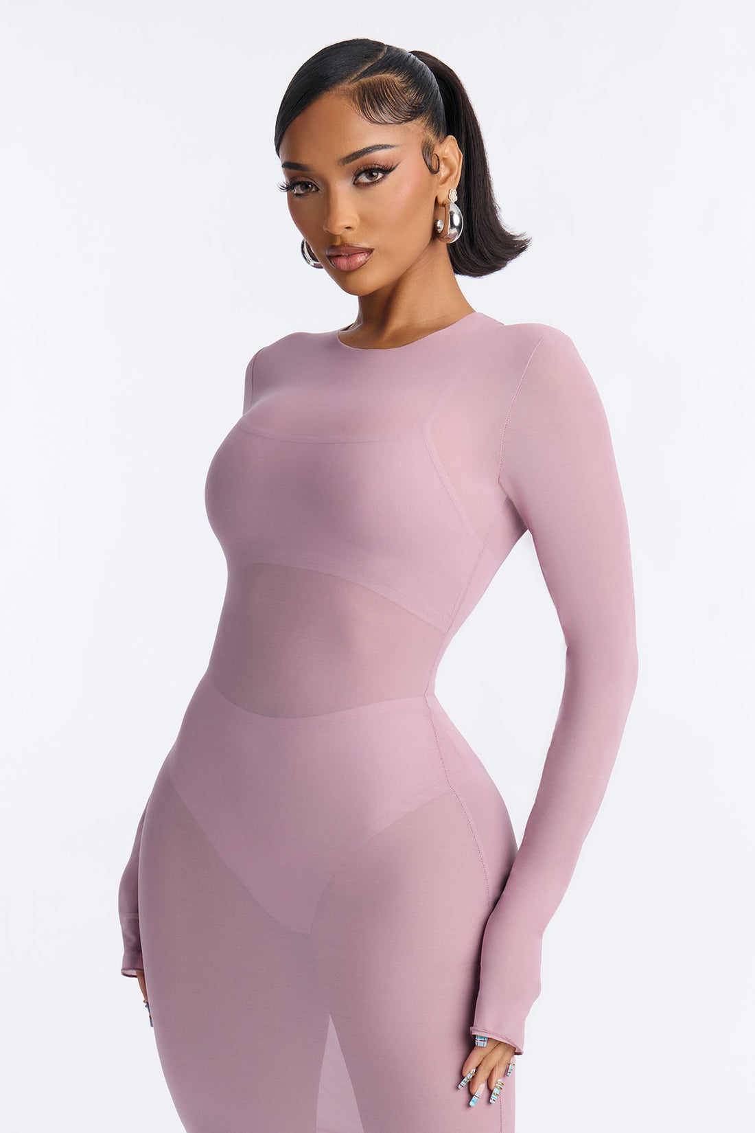 Power Mesh Long Sleeve Midi Dress - Lavender