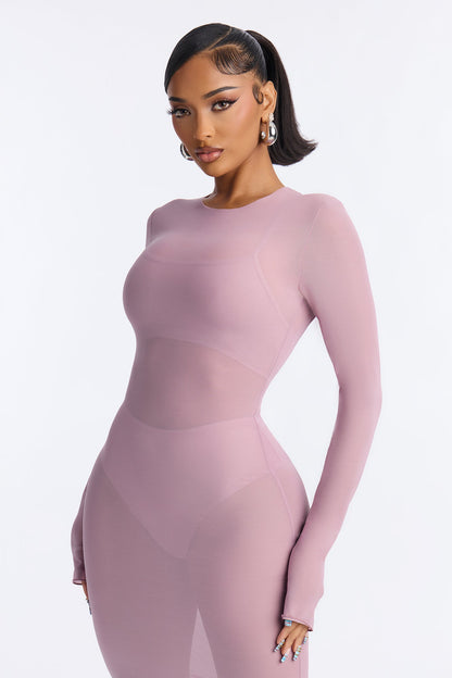 Power Mesh Long Sleeve Midi Dress - Lavender