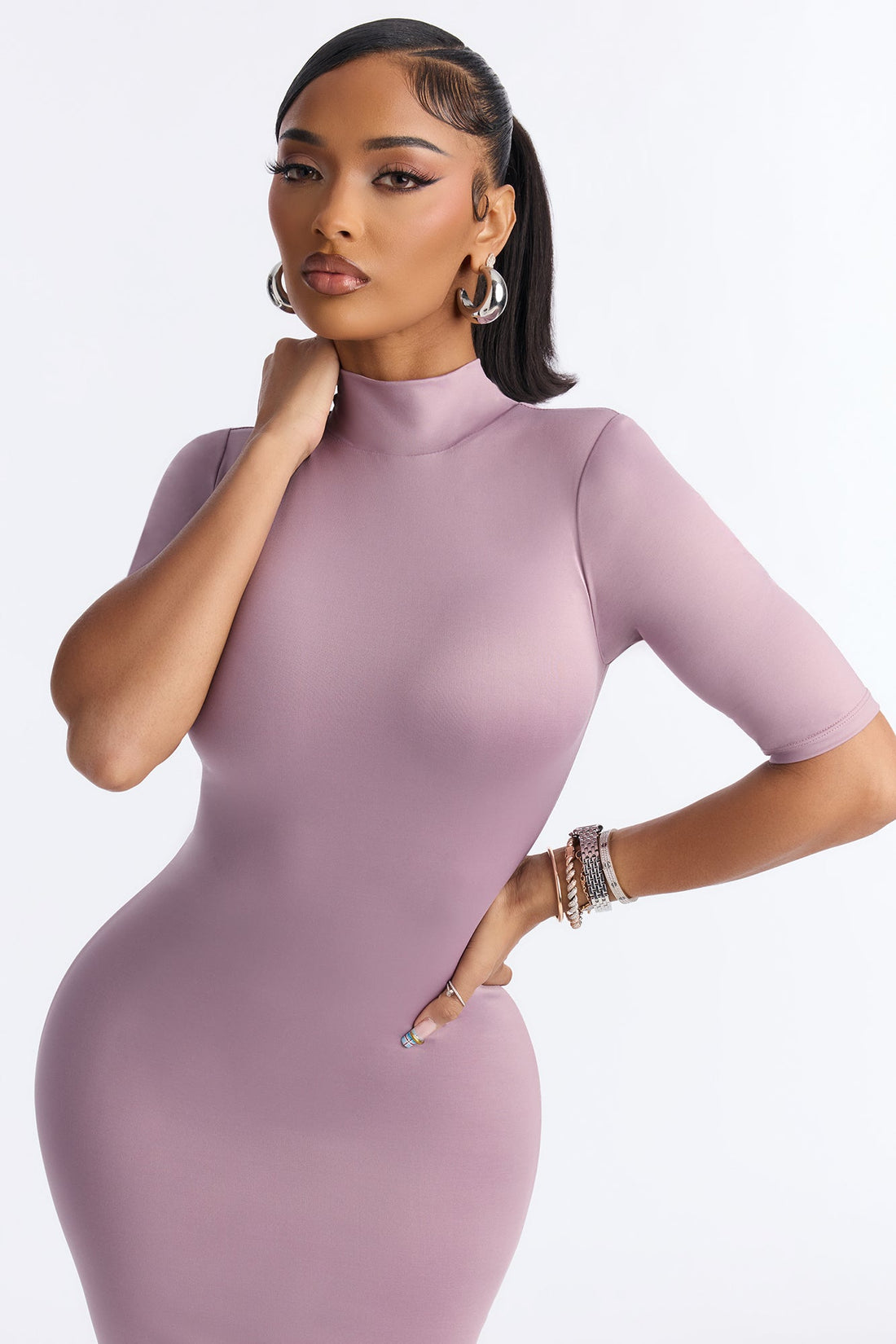 Contour Double Lined Turtle Neck Midi Dress - Lavender