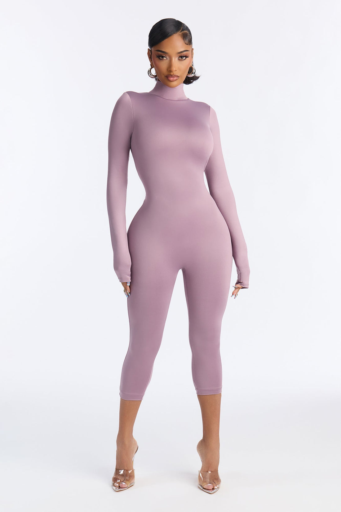 Contour Double Lined Mock Neck Capri Jumpsuit - Lavender