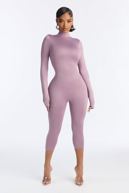 Contour Double Lined Mock Neck Capri Jumpsuit - Lavender