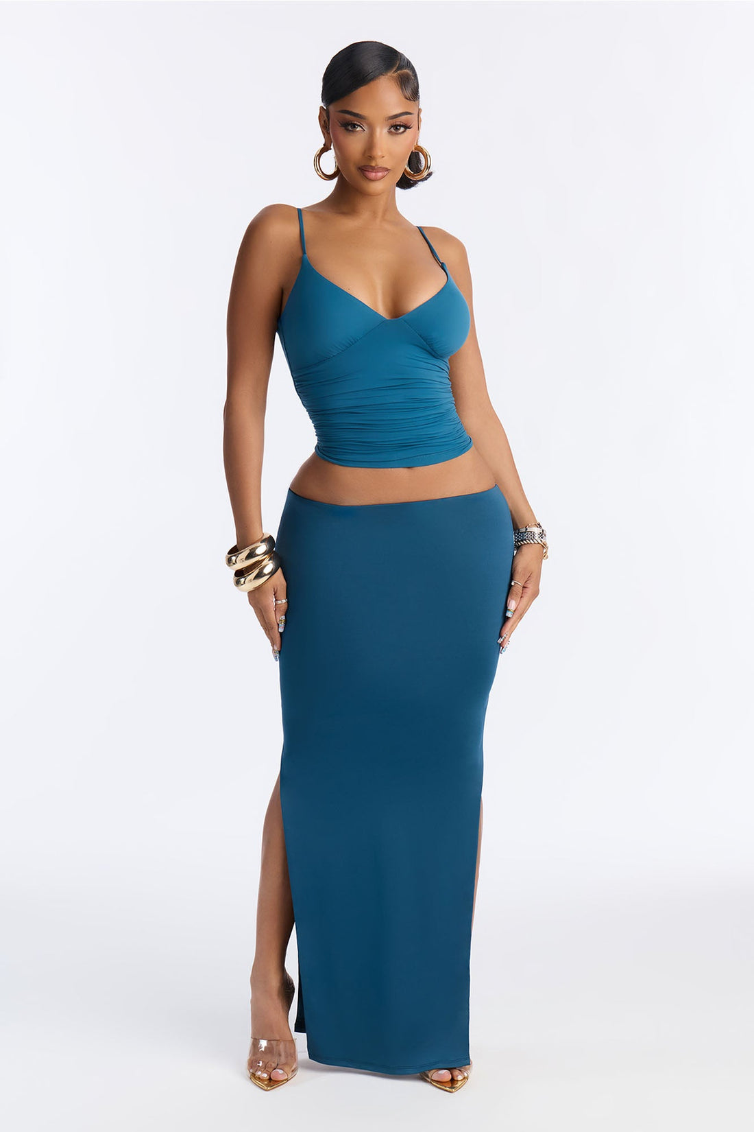 Contour Double Lined Side Slit Maxi Skirt - Teal