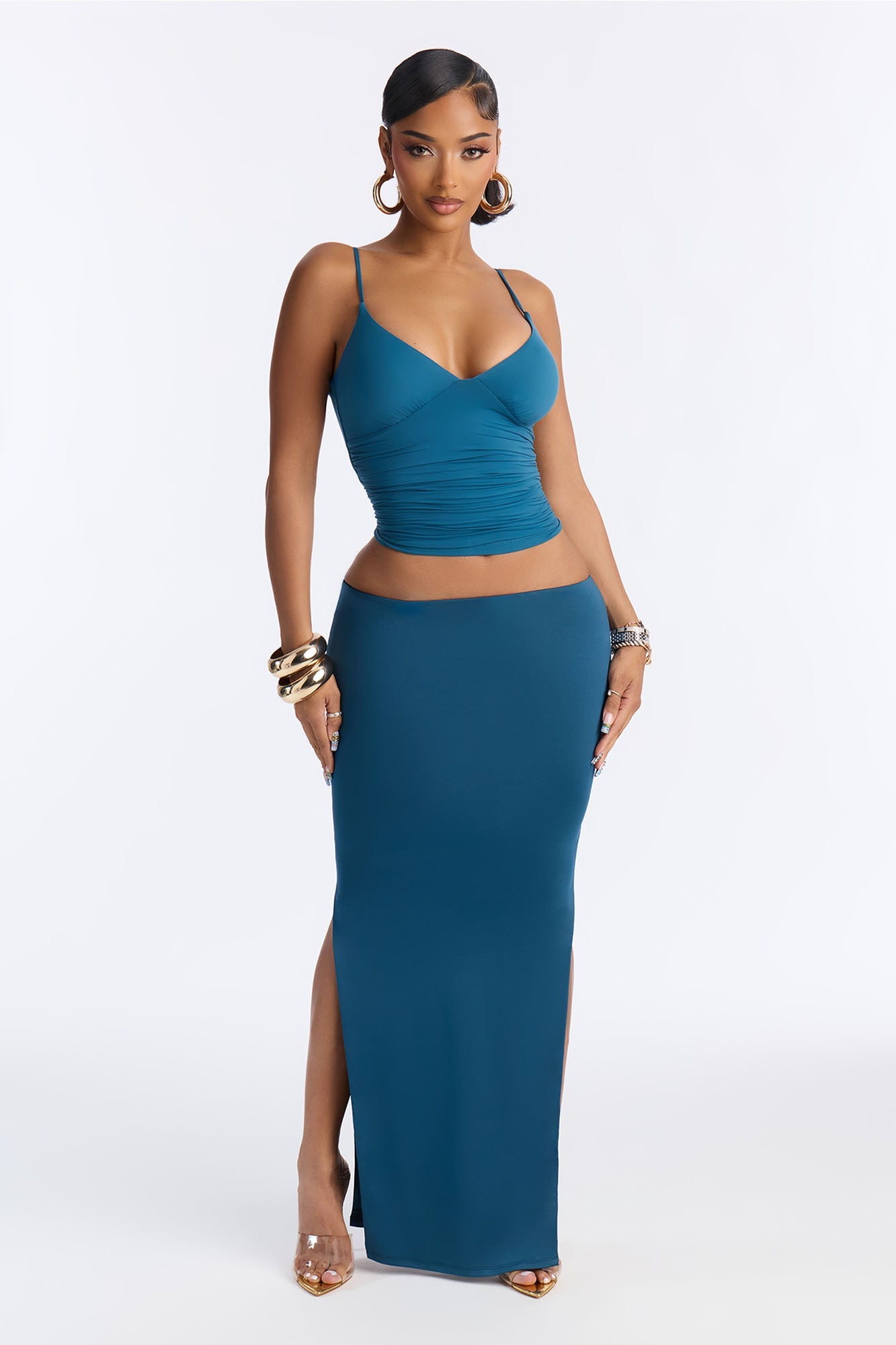 Contour Double Lined Side Slit Maxi Skirt - Teal