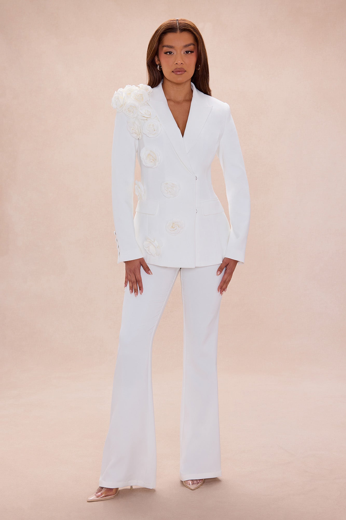 Arden Floral Applique Blazer Pant Set - White