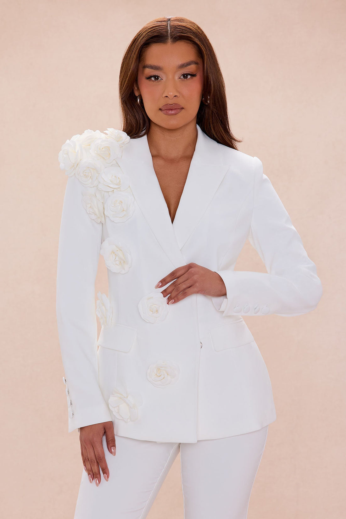 Arden Floral Applique Blazer Pant Set - White