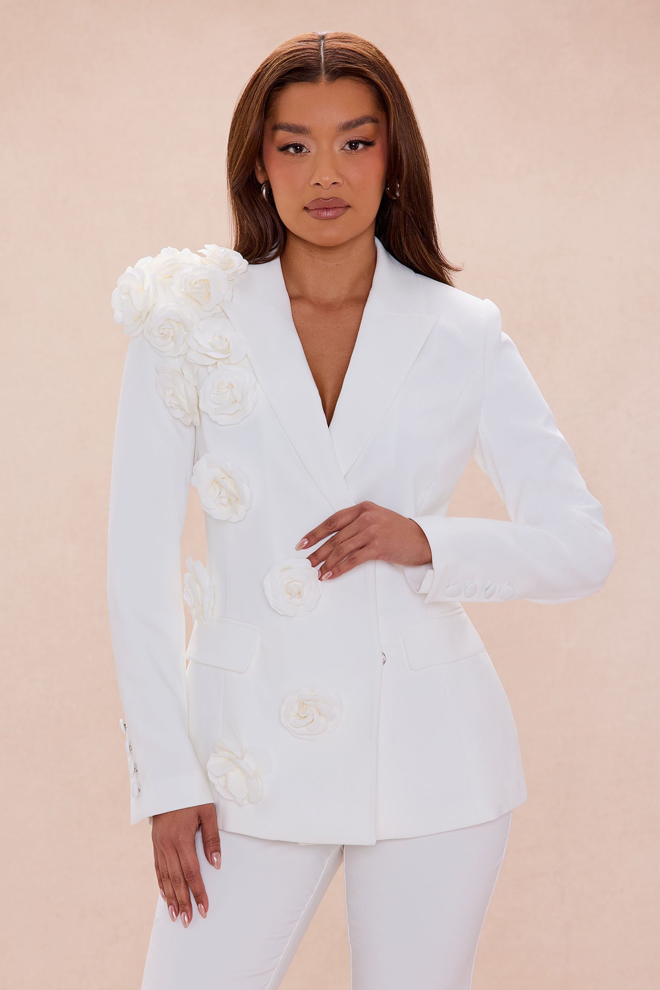 Arden Floral Applique Blazer Pant Set - White