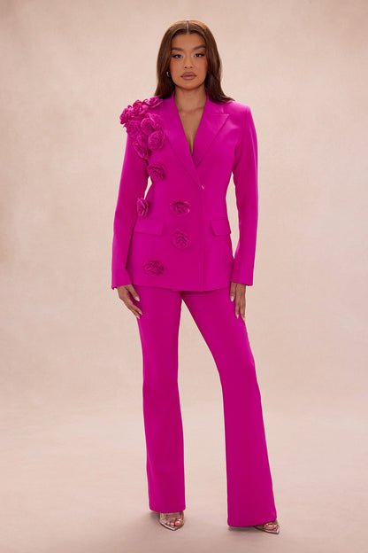 Arden Floral Applique Blazer Pant Set - Hot Pink
