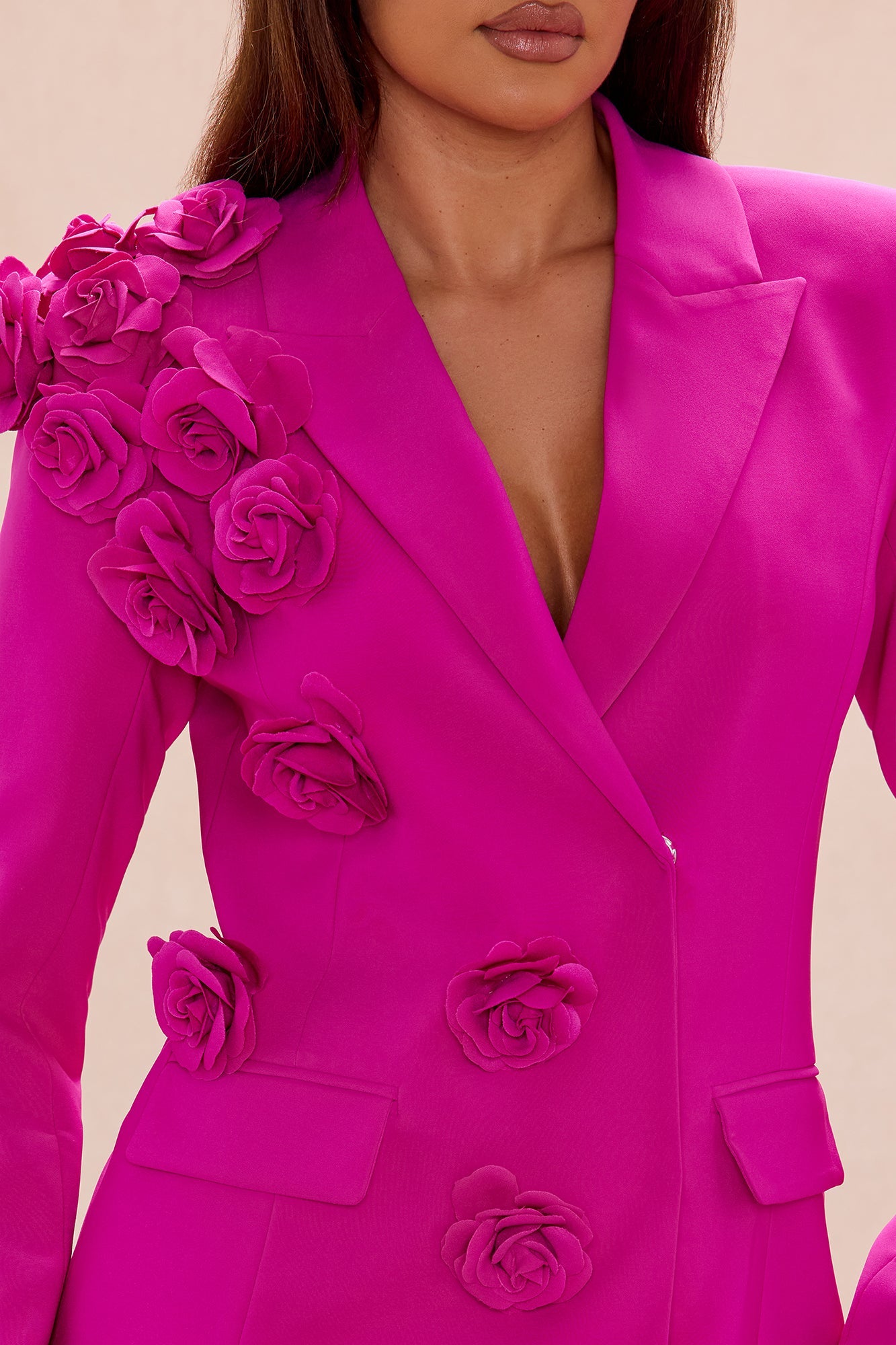 Arden Floral Applique Blazer Pant Set - Hot Pink
