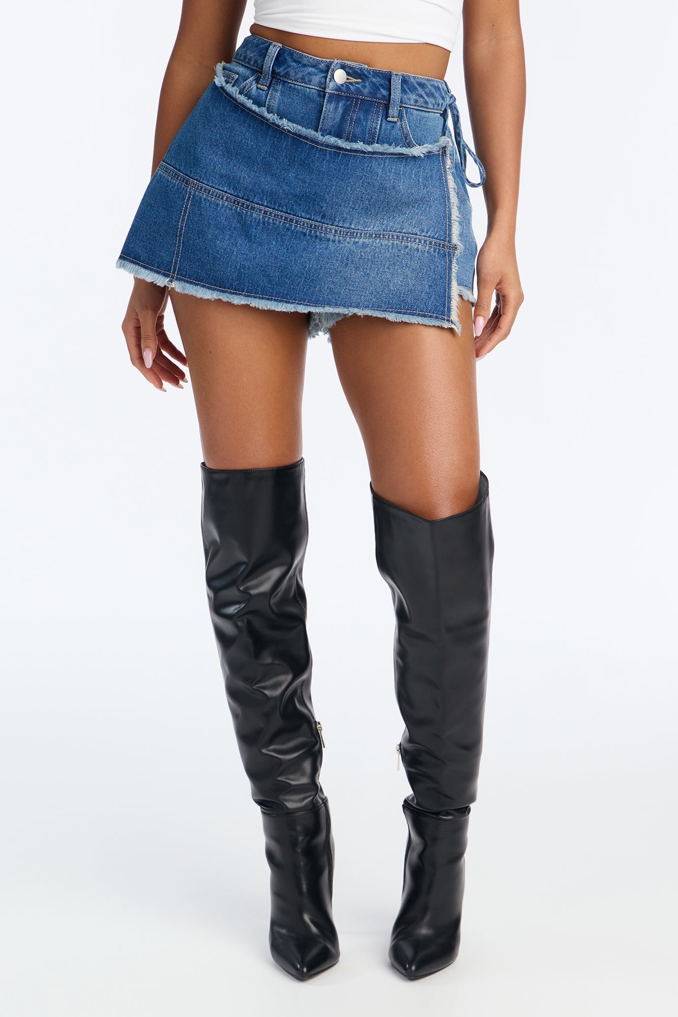 Adia Distressed Denim Mini Wrap Skort - Medium Wash