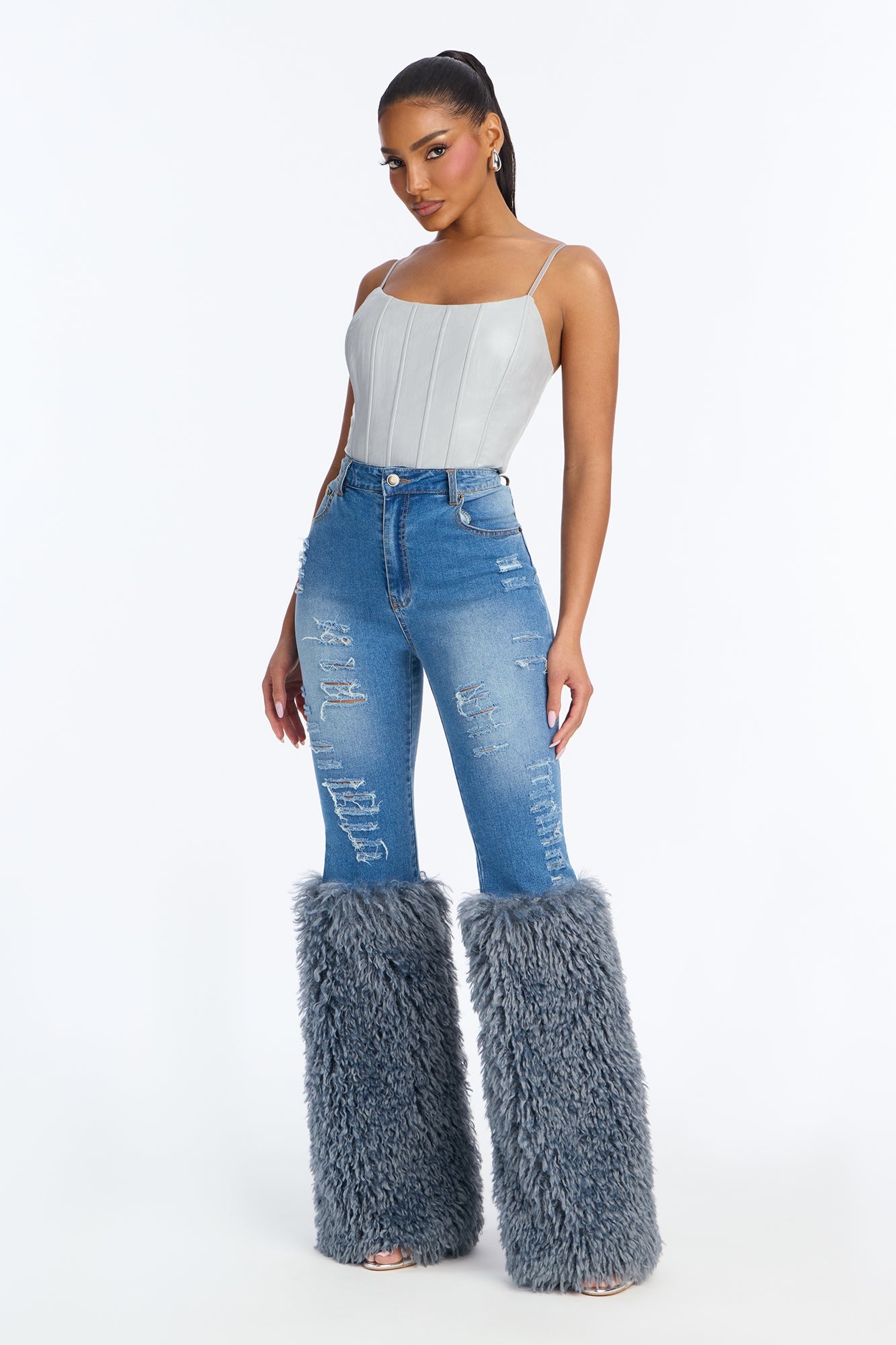Talk Of Town Faux Fur Flare Jeans - Medium Wash