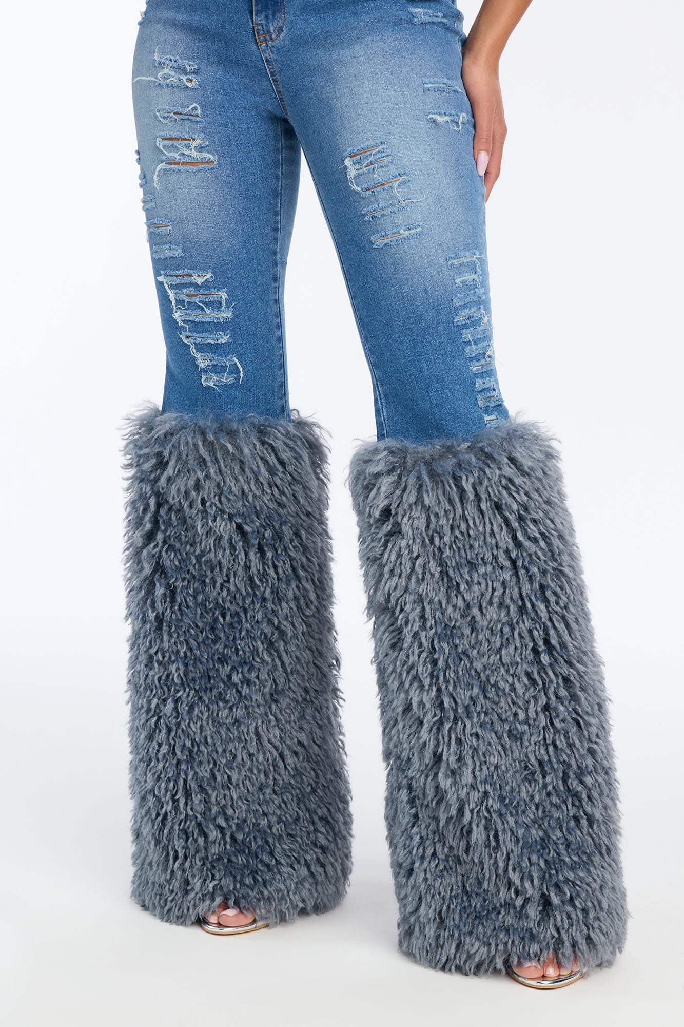 Talk Of Town Faux Fur Flare Jeans - Medium Wash
