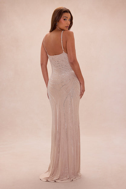 Gracelynn Rhinestone Fringe Maxi Dress - Champagne