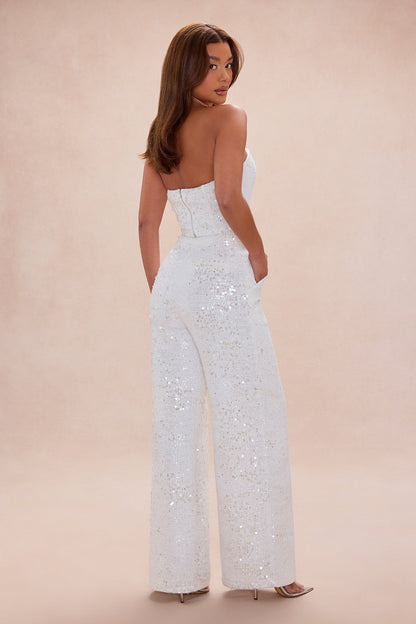 Cleo Embellished Tweed Corset Pant Set - Off White