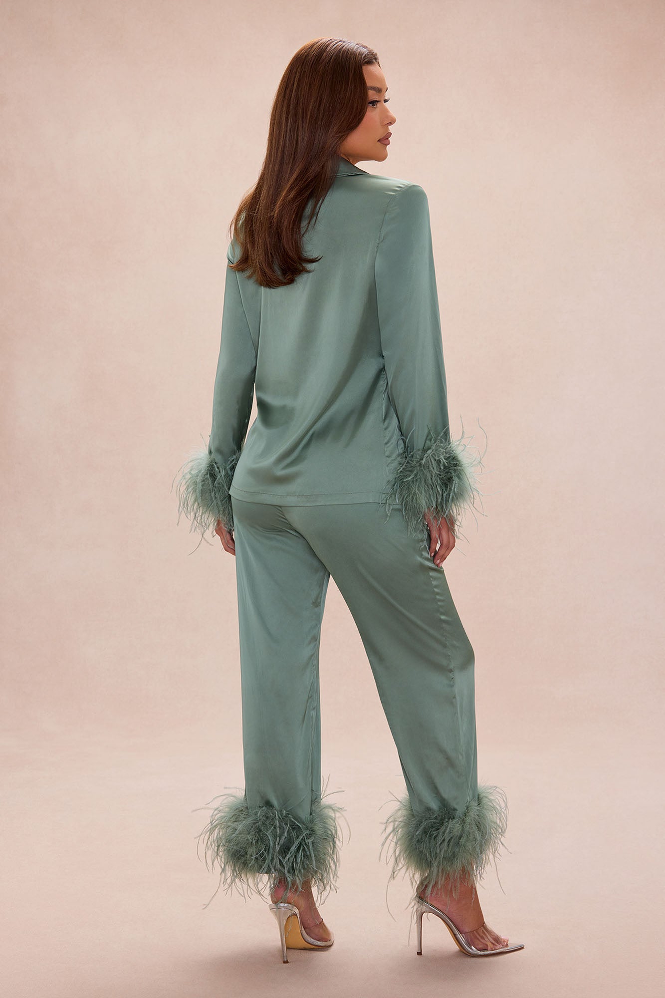 Regina Feathered Satin Pant Set - Sage