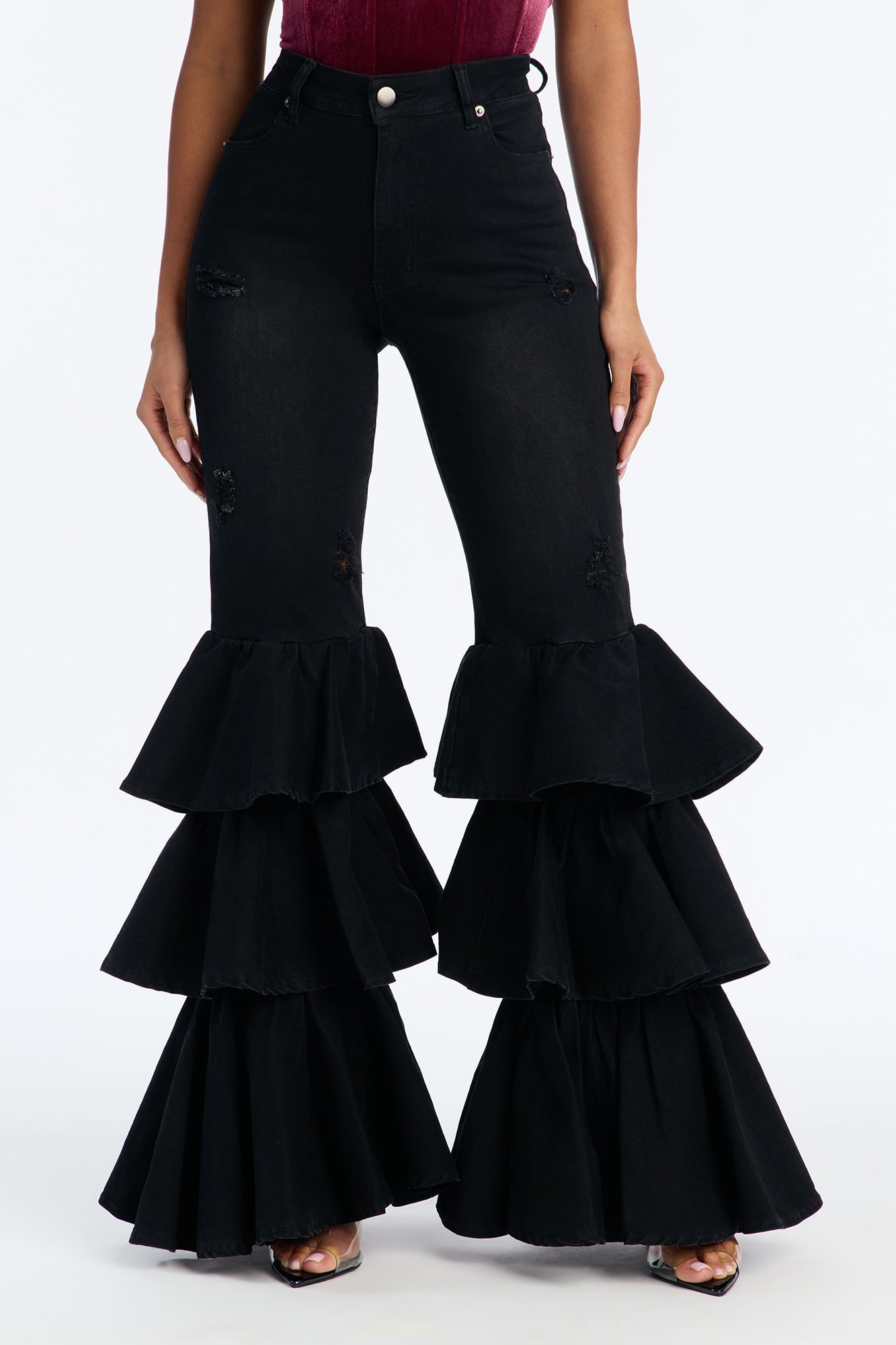 On Rhythm Tiered Ruffled Stretch Flare Jeans - Black