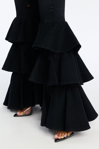 On Rhythm Tiered Ruffled Stretch Flare Jeans - Black