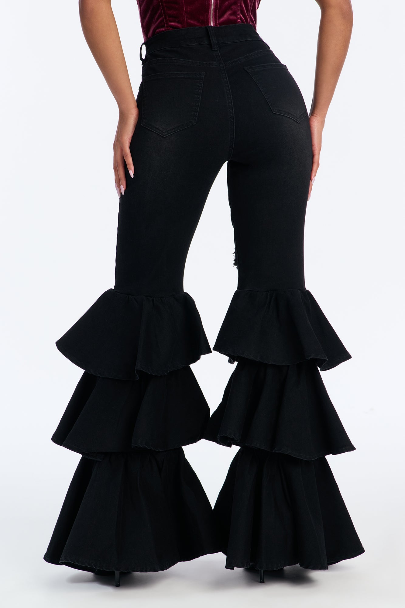 On Rhythm Tiered Ruffled Stretch Flare Jeans - Black