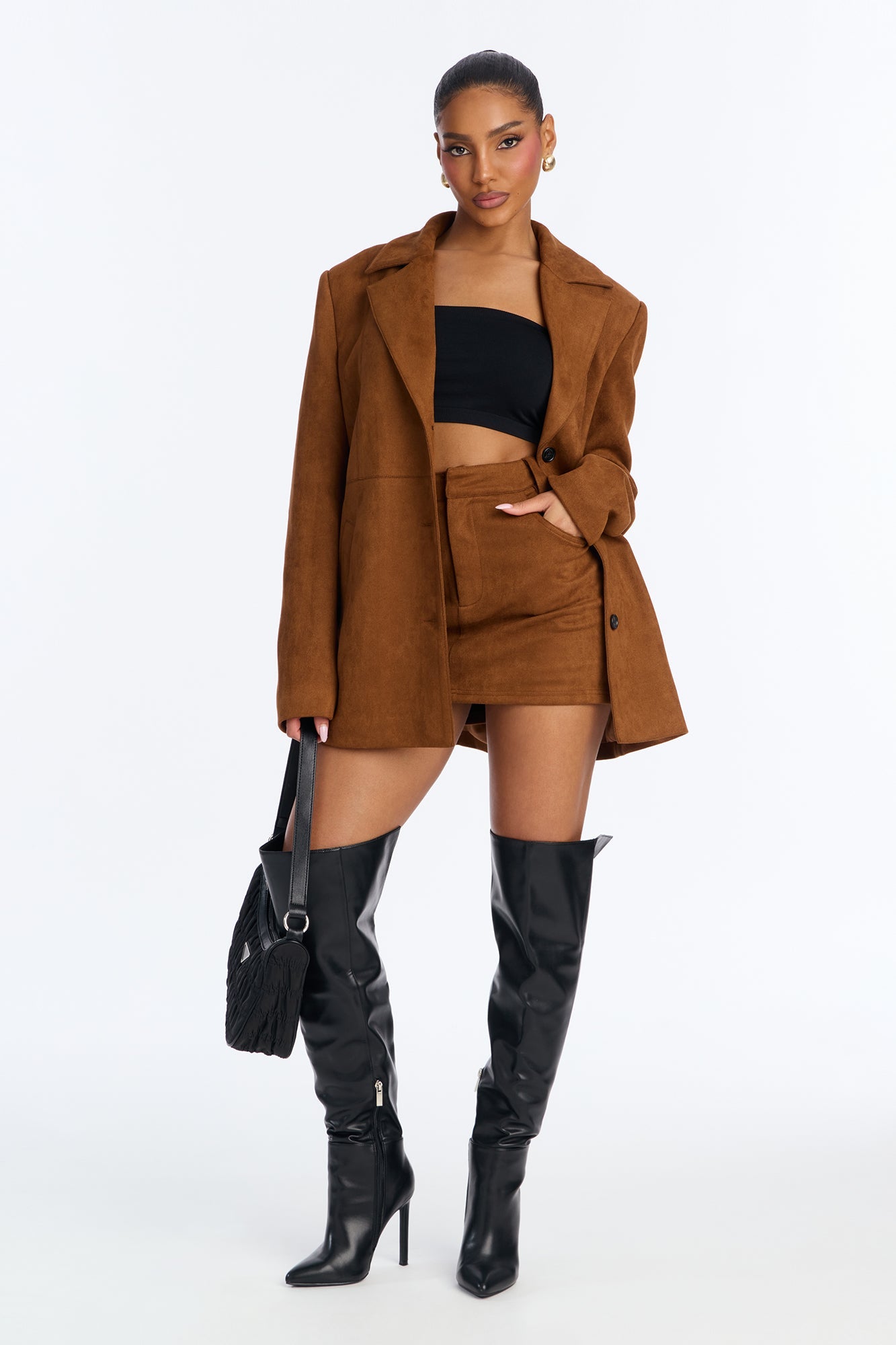 Stacey Faux Suede Jacket Skirt Set - Brown