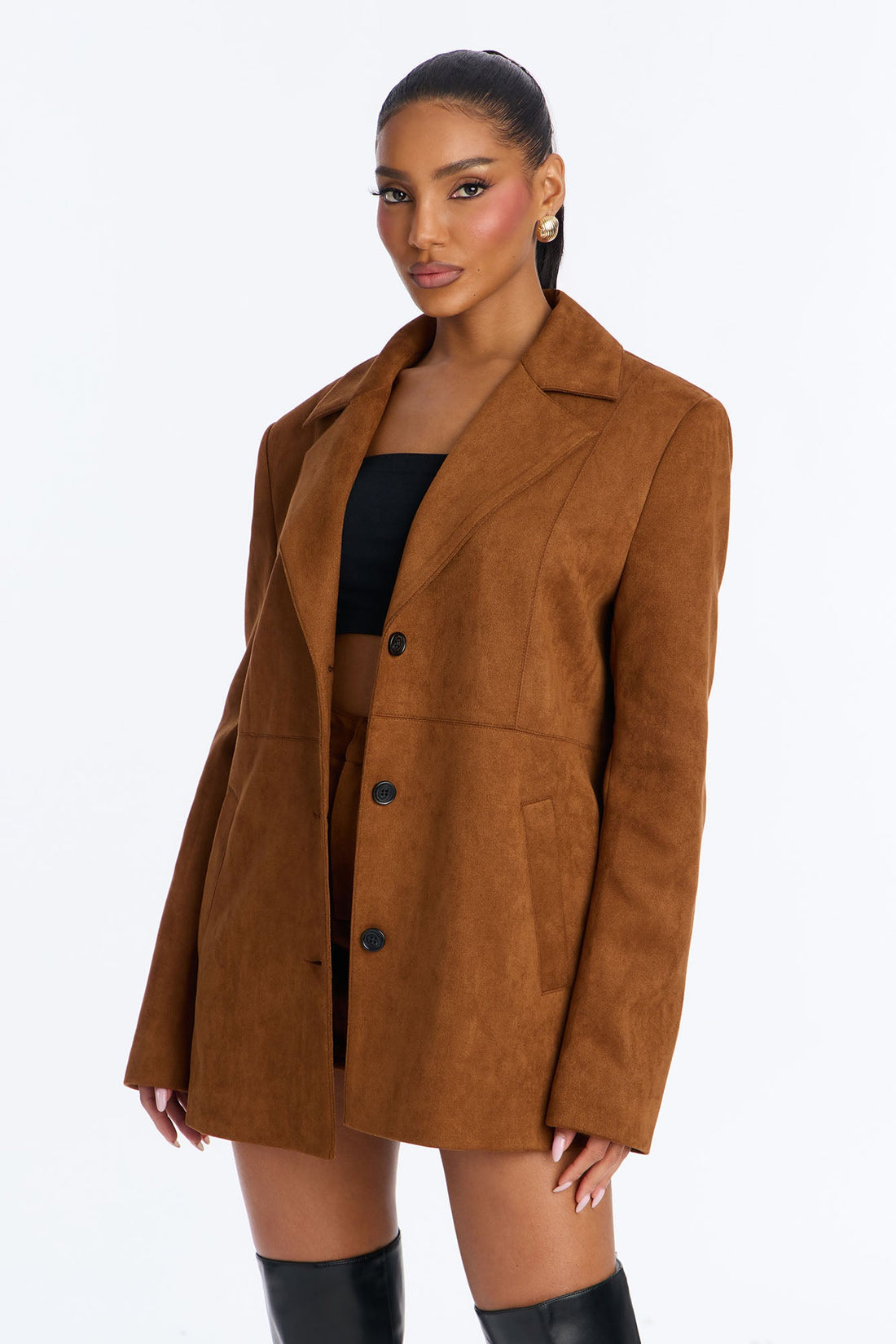 Stacey Faux Suede Jacket Skirt Set - Brown