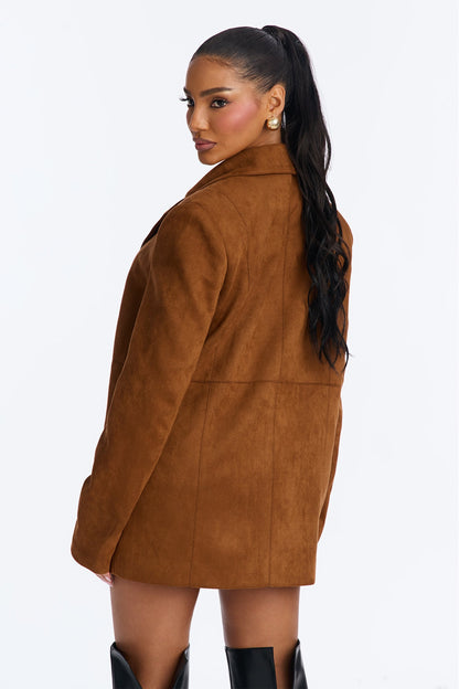 Stacey Faux Suede Jacket Skirt Set - Brown